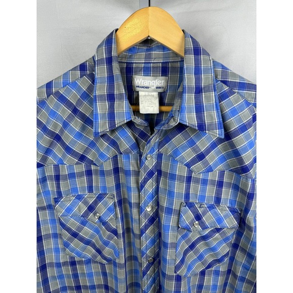 Wrangler Pearl Snap Vintage Short Sleeve Button Shirt Men's XL Blue - Picture 3 of 7
